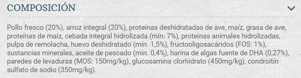 Composición nutricional pienso compy